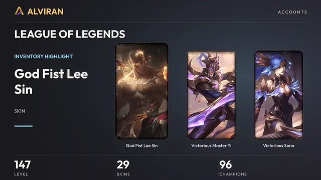 LEAGUE OF LEGENDS · Level 147 · God Fist Lee Sin, Victorious Master Yi, Victorious Sona