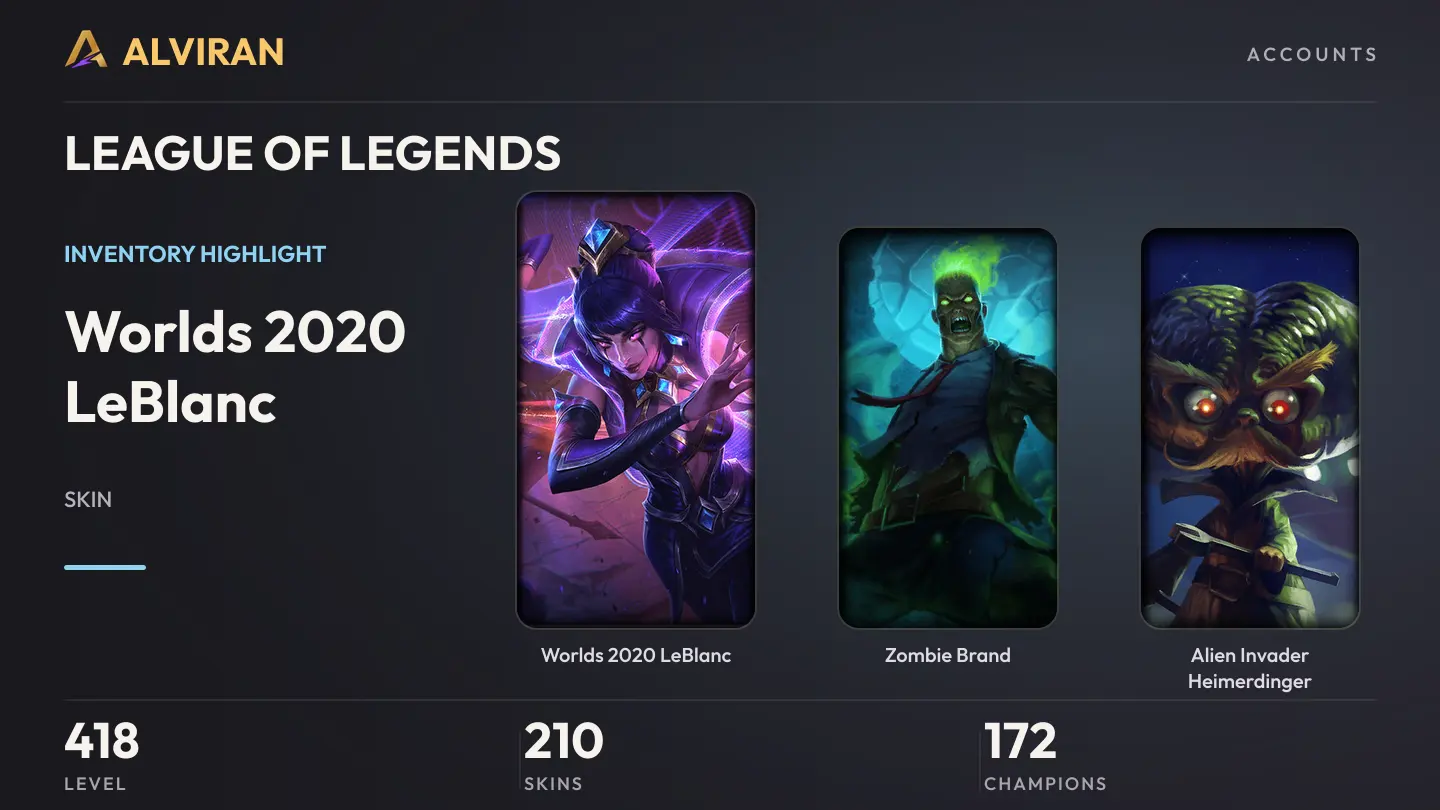 LEAGUE OF LEGENDS · Level 418 · Worlds 2020 LeBlanc, Zombie Brand, Alien Invader Heimerdinger