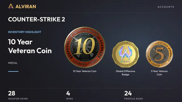 COUNTER-STRIKE 2 · Level 24 · 10 Year Veteran Coin, Global Offensive Badge, 5 Year Veteran Coin