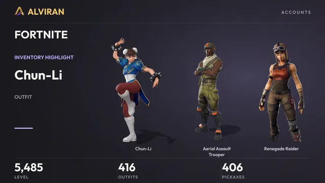 FORTNITE · Level 5485 · Chun-Li, Aerial Assault Trooper, Renegade Raider