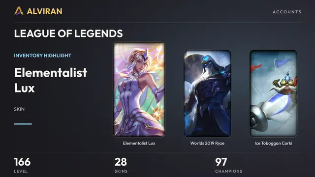 LEAGUE OF LEGENDS · Level 166 · Elementalist Lux, Worlds 2019 Ryze, Ice Toboggan Corki