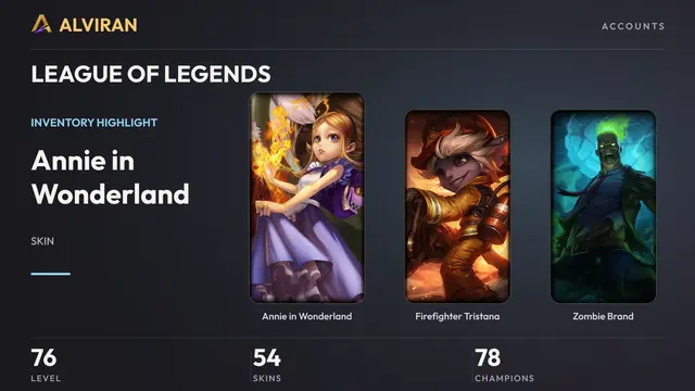 LEAGUE OF LEGENDS · Level 76 · Annie in Wonderland, Firefighter Tristana, Zombie Brand