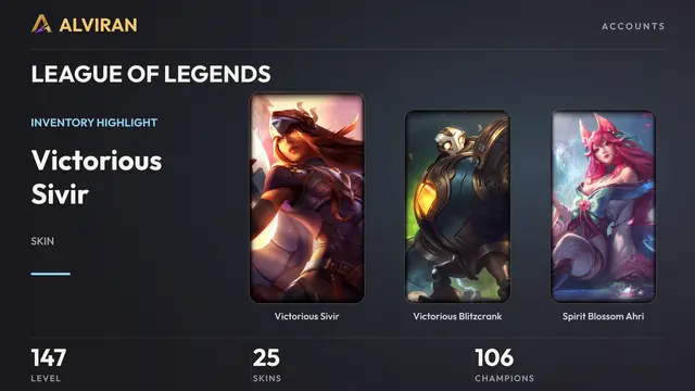 LEAGUE OF LEGENDS · Level 147 · Victorious Sivir, Victorious Blitzcrank, Spirit Blossom Ahri