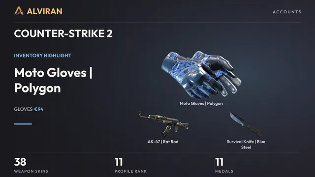 COUNTER-STRIKE 2 · Level 11 · Moto Gloves | Polygon · Field-Tested, AK-47 | Rat Rod · Factory New, Survival Knife | Blue Steel · Field-Tested