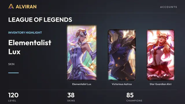 LEAGUE OF LEGENDS · Level 120 · Elementalist Lux, Victorious Aatrox, Star Guardian Ahri