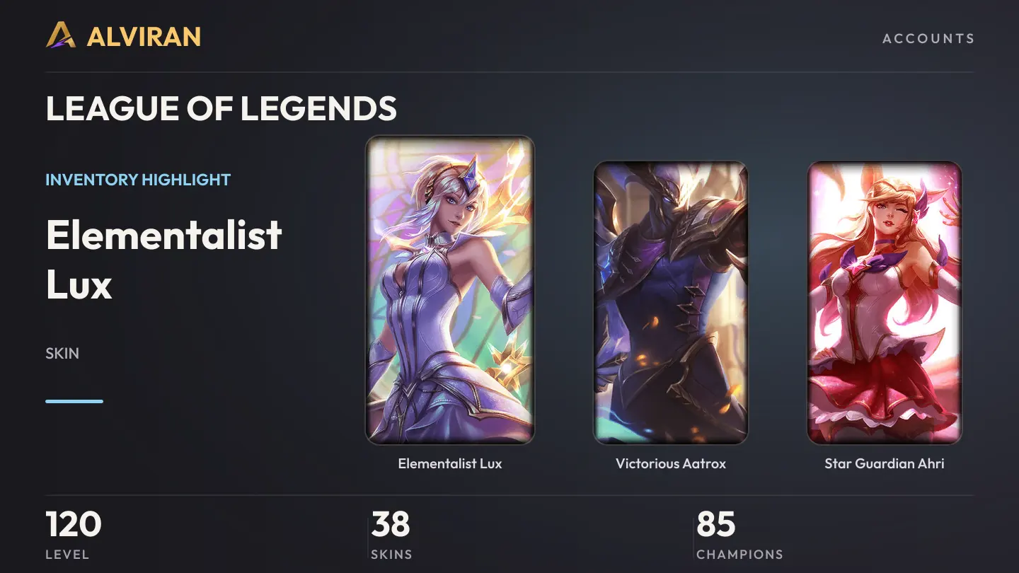 LEAGUE OF LEGENDS · Level 120 · Elementalist Lux, Victorious Aatrox, Star Guardian Ahri