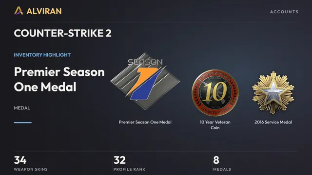 COUNTER-STRIKE 2 · Level 32 · Premier Season One Medal, 10 Year Veteran Coin, 2016 Service Medal