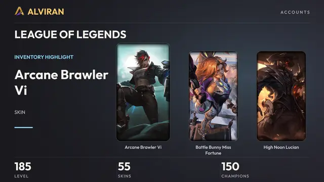 LEAGUE OF LEGENDS · Level 185 · Arcane Brawler Vi, Battle Bunny Miss Fortune, High Noon Lucian
