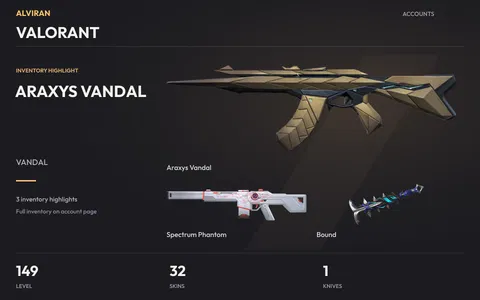 VALORANT · Level 149 · Araxys Vandal, Spectrum Phantom, Bound · Melee