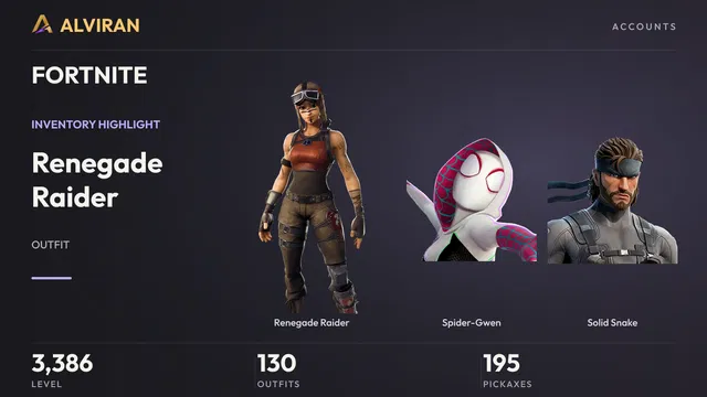 FORTNITE · Level 3386 · Renegade Raider, Spider-Gwen, Solid Snake