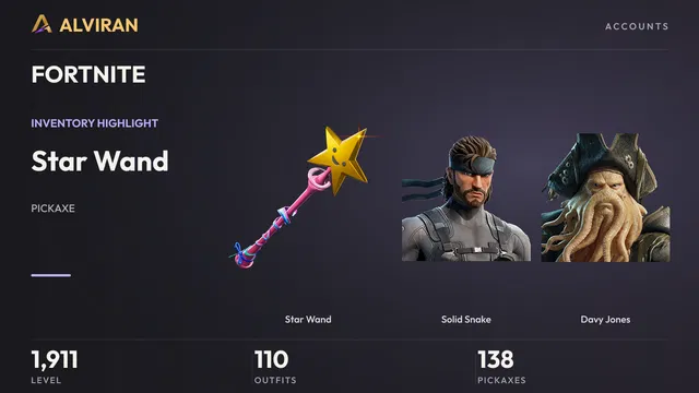 FORTNITE · Level 1911 · Star Wand, Solid Snake, Davy Jones