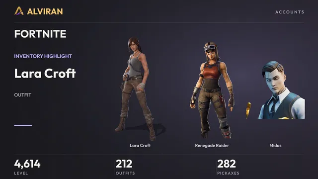 FORTNITE · Level 4614 · Lara Croft, Renegade Raider, Midas