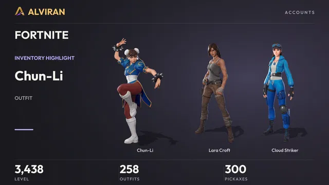 FORTNITE · Level 3438 · Chun-Li, Lara Croft, Cloud Striker