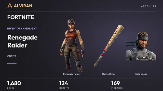 FORTNITE · Level 1680 · Renegade Raider, Harley Hitter, Solid Snake