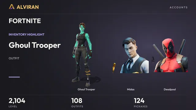 FORTNITE · Level 2104 · Ghoul Trooper, Midas, Deadpool