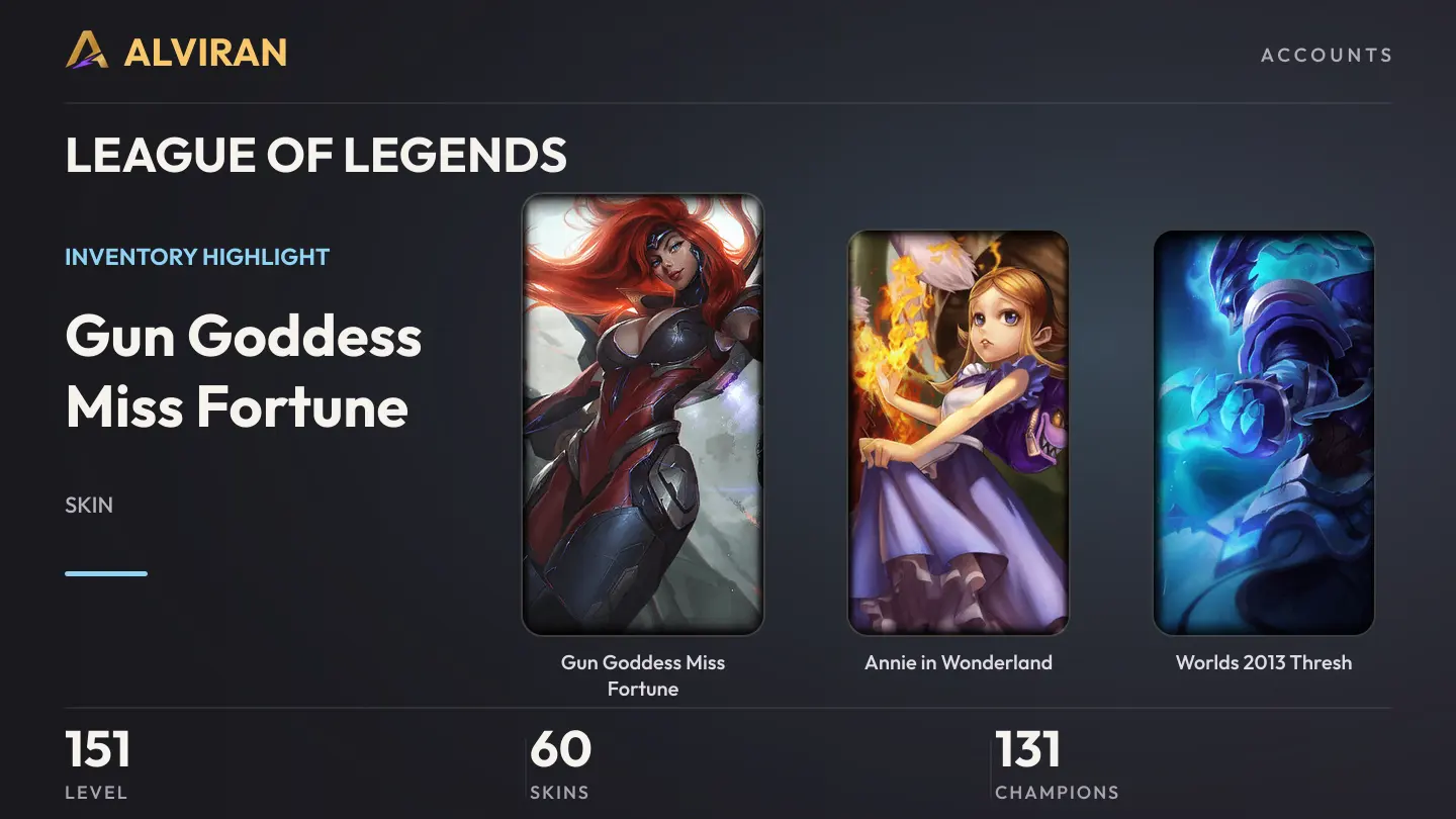 LEAGUE OF LEGENDS · Level 151 · Gun Goddess Miss Fortune, Annie in Wonderland, Worlds 2013 Thresh