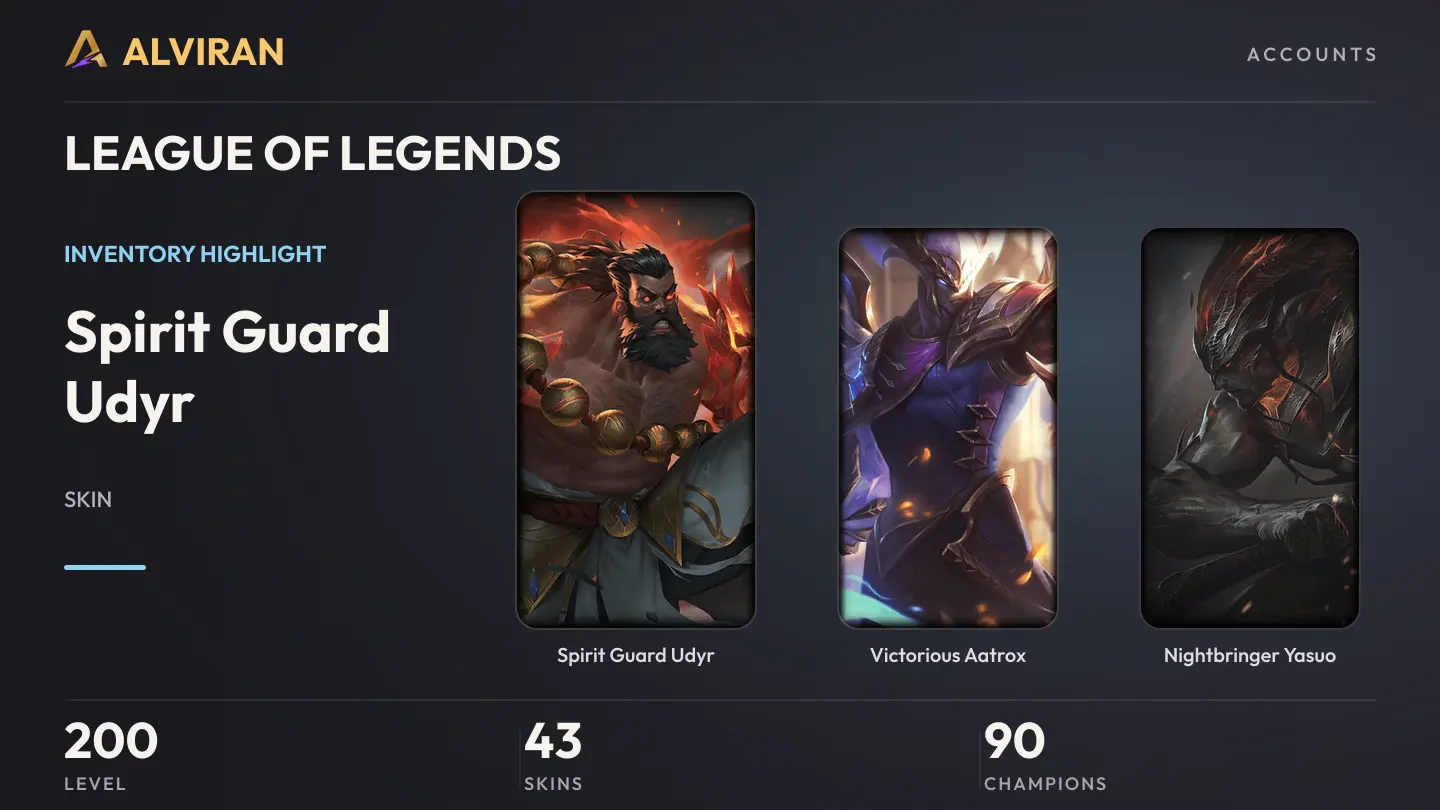 LEAGUE OF LEGENDS · Level 200 · Spirit Guard Udyr, Victorious Aatrox, Nightbringer Yasuo
