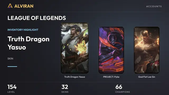 LEAGUE OF LEGENDS · Level 154 · Truth Dragon Yasuo, PROJECT: Pyke, God Fist Lee Sin