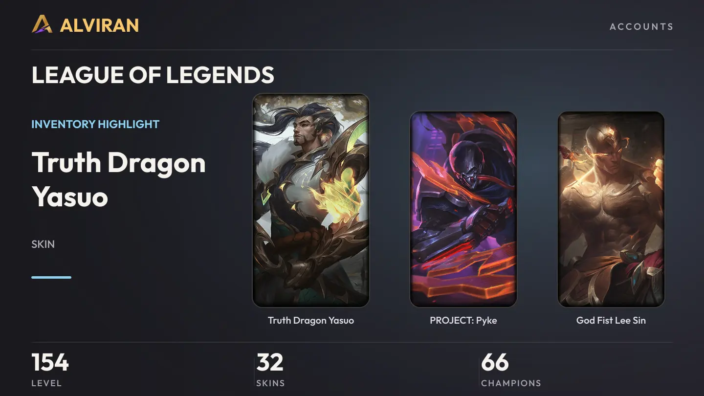 LEAGUE OF LEGENDS · Level 154 · Truth Dragon Yasuo, PROJECT: Pyke, God Fist Lee Sin