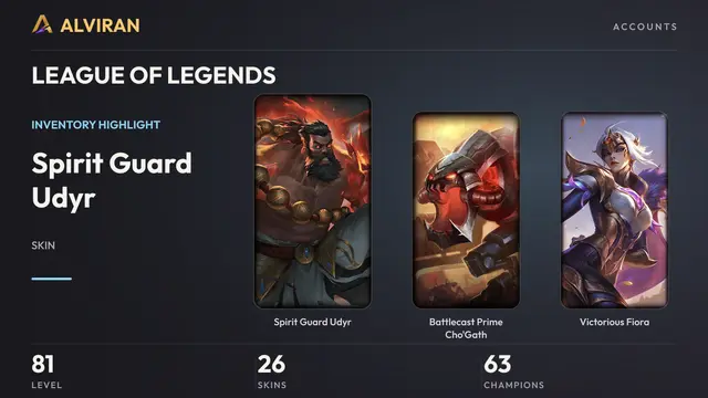 LEAGUE OF LEGENDS · Level 81 · Spirit Guard Udyr, Battlecast Prime Cho'Gath, Victorious Fiora