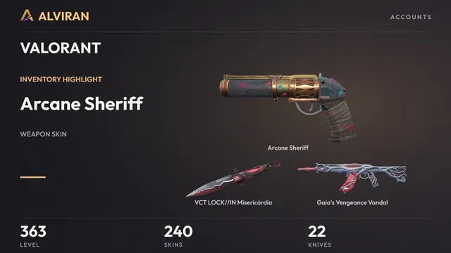 VALORANT · Level 363 · Arcane Sheriff, VCT LOCK//IN Misericórdia · Melee, Gaia's Vengeance Vandal