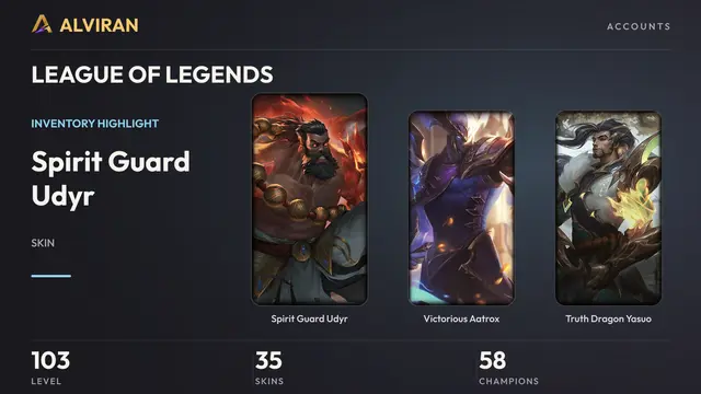 LEAGUE OF LEGENDS · Level 103 · Spirit Guard Udyr, Victorious Aatrox, Truth Dragon Yasuo