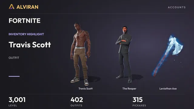 FORTNITE · Level 3001 · Travis Scott, The Reaper, Leviathan Axe