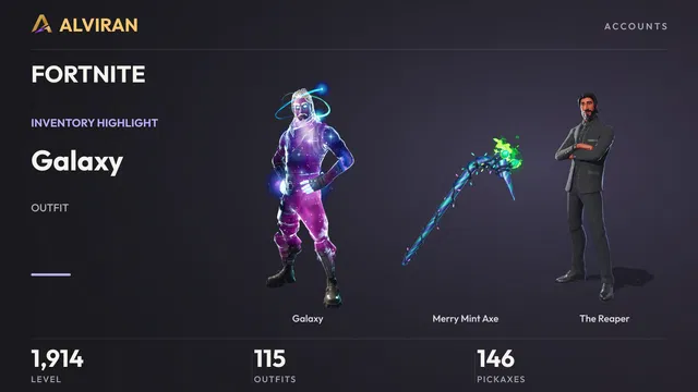 FORTNITE · Level 1914 · Galaxy, Merry Mint Axe, The Reaper