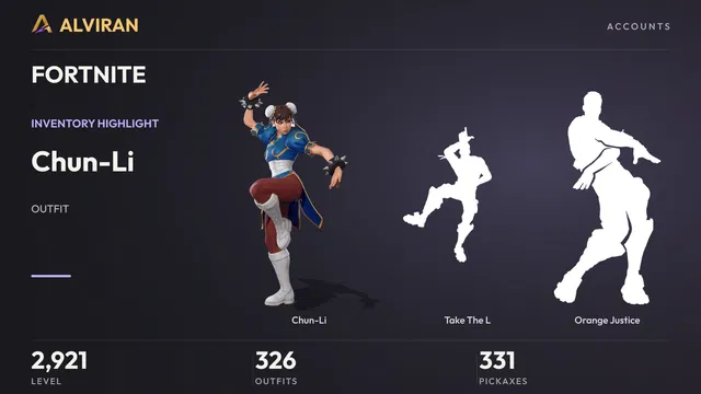 FORTNITE · Level 2921 · Chun-Li, Take The L, Orange Justice