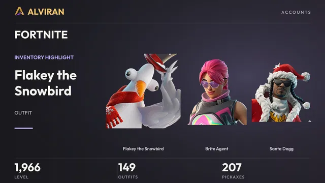FORTNITE · Level 1966 · Flakey the Snowbird, Brite Agent, Santa Dogg