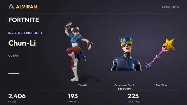 FORTNITE · Level 2406 · Chun-Li, Catwoman Comic Book Outfit, Star Wand