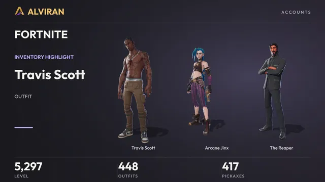 FORTNITE · Level 5297 · Travis Scott, Arcane Jinx, The Reaper