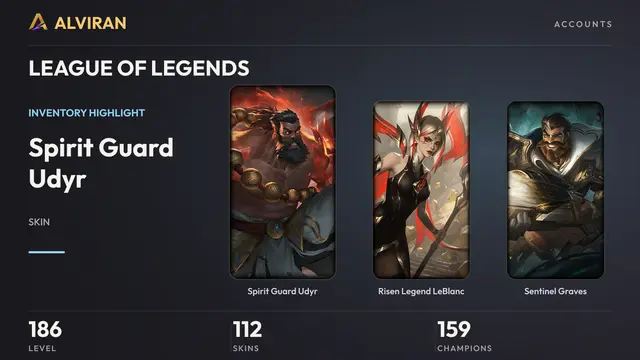 LEAGUE OF LEGENDS · Level 186 · Spirit Guard Udyr, Risen Legend LeBlanc, Sentinel Graves