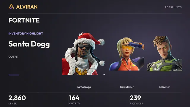 FORTNITE · Level 2860 · Santa Dogg, Tide Strider, Killswitch
