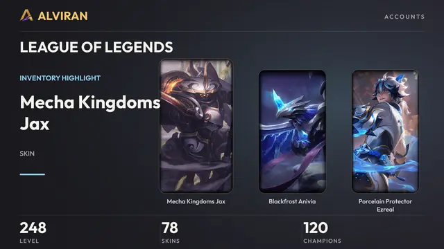 LEAGUE OF LEGENDS · Level 248 · Mecha Kingdoms Jax, Blackfrost Anivia, Porcelain Protector Ezreal