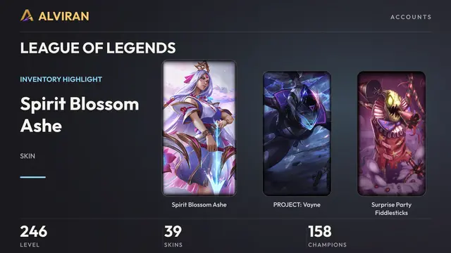 LEAGUE OF LEGENDS · Level 246 · Spirit Blossom Ashe, PROJECT: Vayne, Surprise Party Fiddlesticks