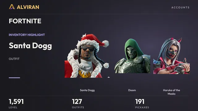 FORTNITE · Level 1591 · Santa Dogg, Doom, Haruka of the Masks