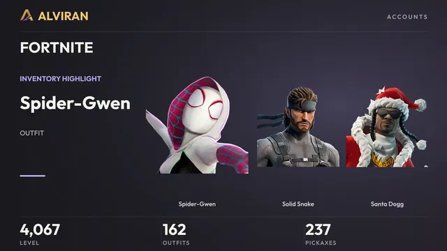 FORTNITE · Level 4067 · Spider-Gwen, Solid Snake, Santa Dogg