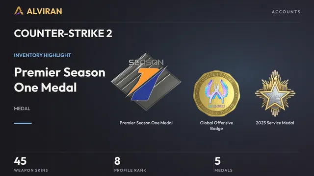 COUNTER-STRIKE 2 · Level 8 · Premier Season One Medal, Global Offensive Badge, 2023 Service Medal