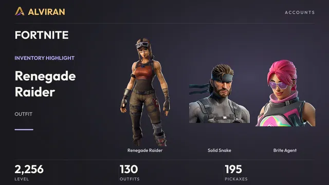 FORTNITE · Level 2256 · Renegade Raider, Solid Snake, Brite Agent