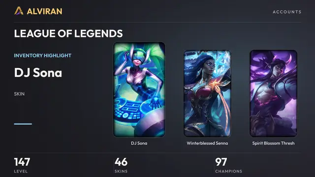LEAGUE OF LEGENDS · Level 147 · DJ Sona, Winterblessed Senna, Spirit Blossom Thresh