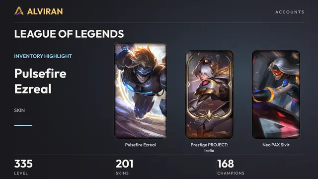 LEAGUE OF LEGENDS · Level 335 · Pulsefire Ezreal, Prestige PROJECT: Irelia, Neo PAX Sivir
