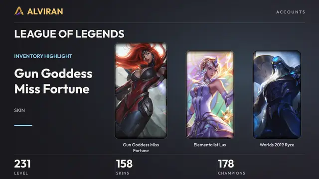 LEAGUE OF LEGENDS · Level 231 · Gun Goddess Miss Fortune, Elementalist Lux, Worlds 2019 Ryze