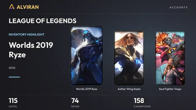 LEAGUE OF LEGENDS · Level 115 · Worlds 2019 Ryze, Aether Wing Kayle, Soul Fighter Viego