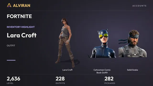 FORTNITE · Level 2636 · Lara Croft, Catwoman Comic Book Outfit, Solid Snake