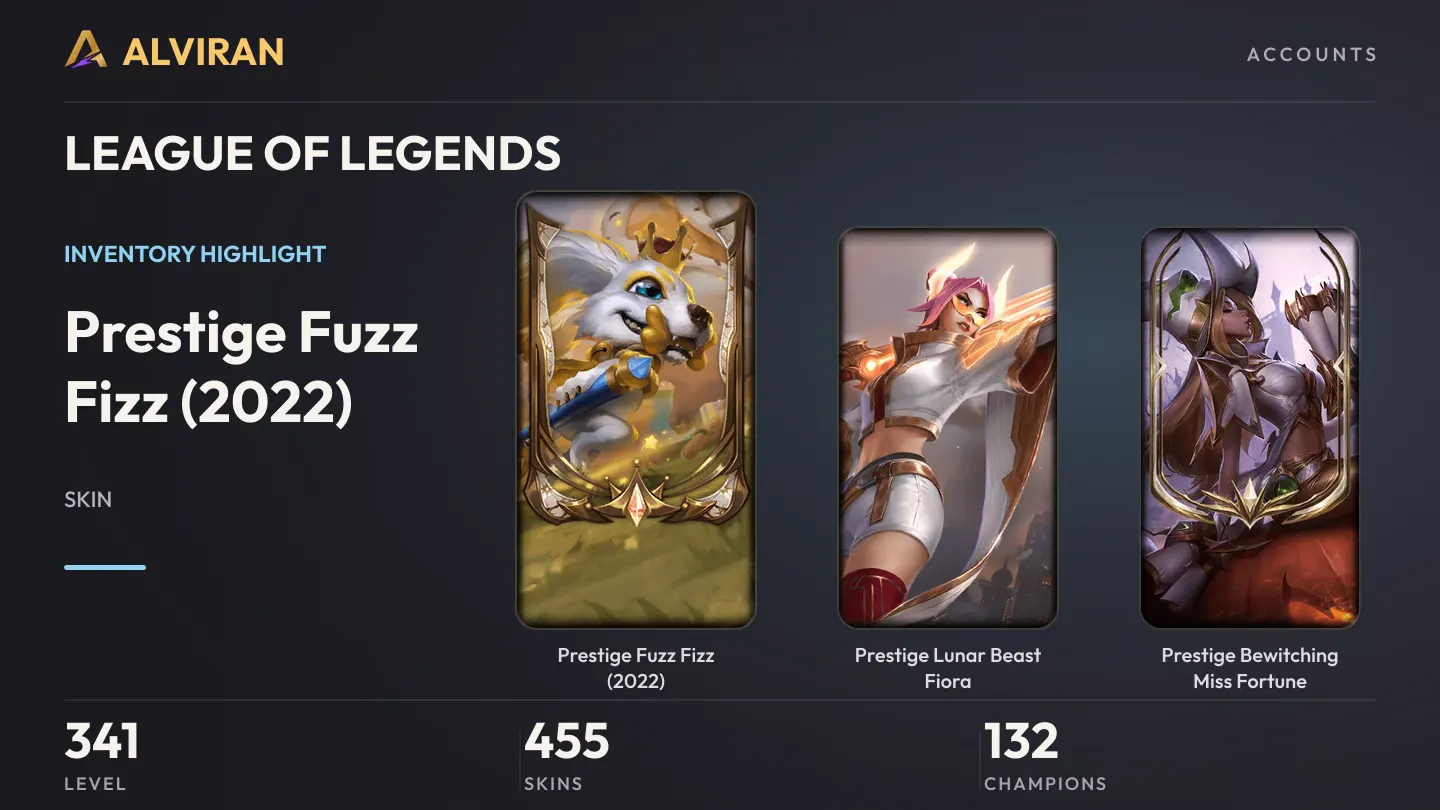 LEAGUE OF LEGENDS · Level 341 · Prestige Fuzz Fizz (2022), Prestige Lunar Beast Fiora, Prestige Bewitching Miss Fortune