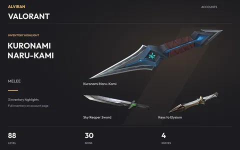 VALORANT · Level 88 · Kuronami Naru-Kami · Melee, Sky Reaper Sword · Melee, Keys to Elysium · Melee