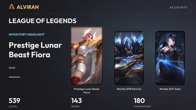 LEAGUE OF LEGENDS · Level 539 · Prestige Lunar Beast Fiora, Worlds 2018 Kha'Zix, Worlds 2017 Ashe