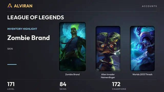 LEAGUE OF LEGENDS · Level 171 · Zombie Brand, Alien Invader Heimerdinger, Worlds 2013 Thresh