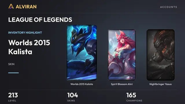 LEAGUE OF LEGENDS · Level 213 · Worlds 2015 Kalista, Spirit Blossom Ahri, Nightbringer Yasuo